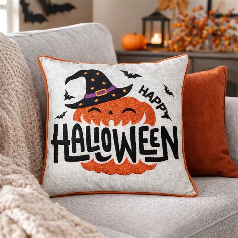Halloween Pumpkin Witch Embroidered Throw Pillow Cover- Gray 20 Inch Square