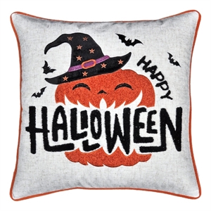 Halloween Pumpkin Witch Embroidered Throw Pillow Cover- Gray 20 Inch Square