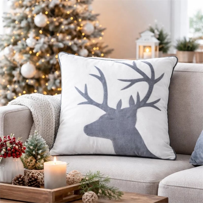 Holiday Accent Pillow Cover- White and Gray Reindeer Velvet- 20 Inch Square