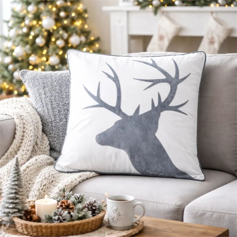 Holiday Accent Pillow Cover- White and Gray Reindeer Velvet- 20 Inch Square