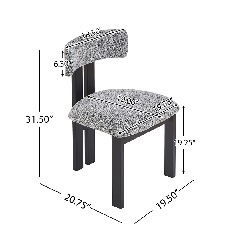 Dining Side Chair Set of 2- Curved Back- Black Metal Legs- White Fabric