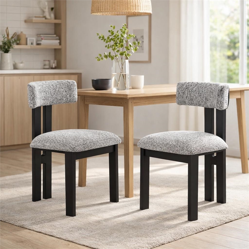 Dining Side Chair Set of 2- Curved Back- Black Metal Legs- White Fabric