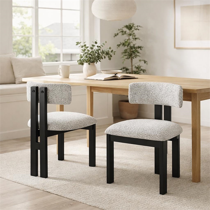 Dining Side Chair Set of 2- Curved Back- Black Metal Legs- White Fabric