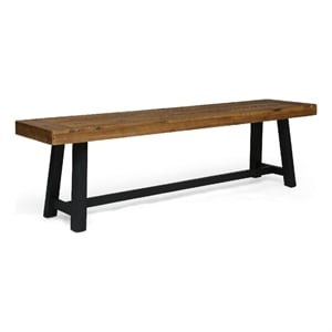 Outdoor Dining Accent Bench- 63 Inch Teak Brown Seat- Black Bold Legs