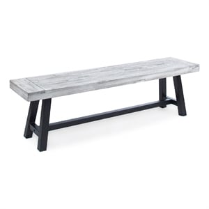 Outdoor Dining Bench- 63 Inch Sandblasted Gray Slatted Seat- Black Legs