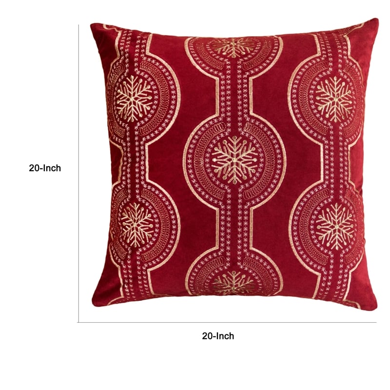 Rola Square Throw Pillow- Geometric Snowflake Embroidery- Red Velvet 20 Inch