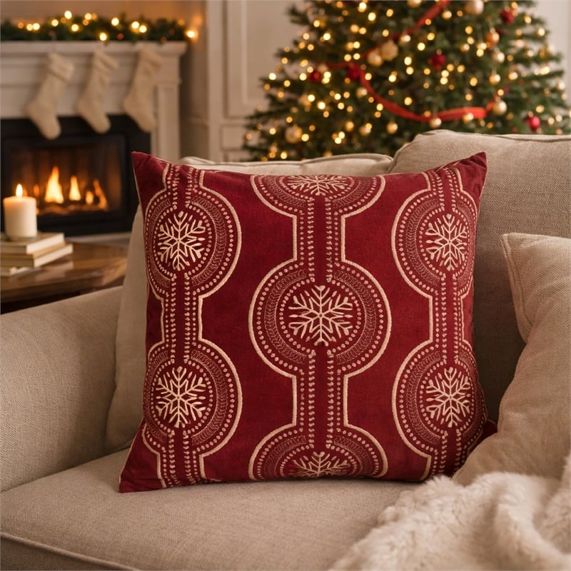 Rola Square Throw Pillow- Geometric Snowflake Embroidery- Red Velvet 20 Inch