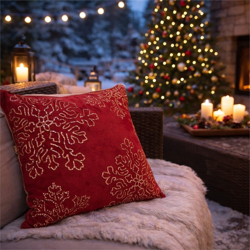 Rola Square Throw Pillow- Gold Snowflake Embroidery- Red Velvet 20 Inch