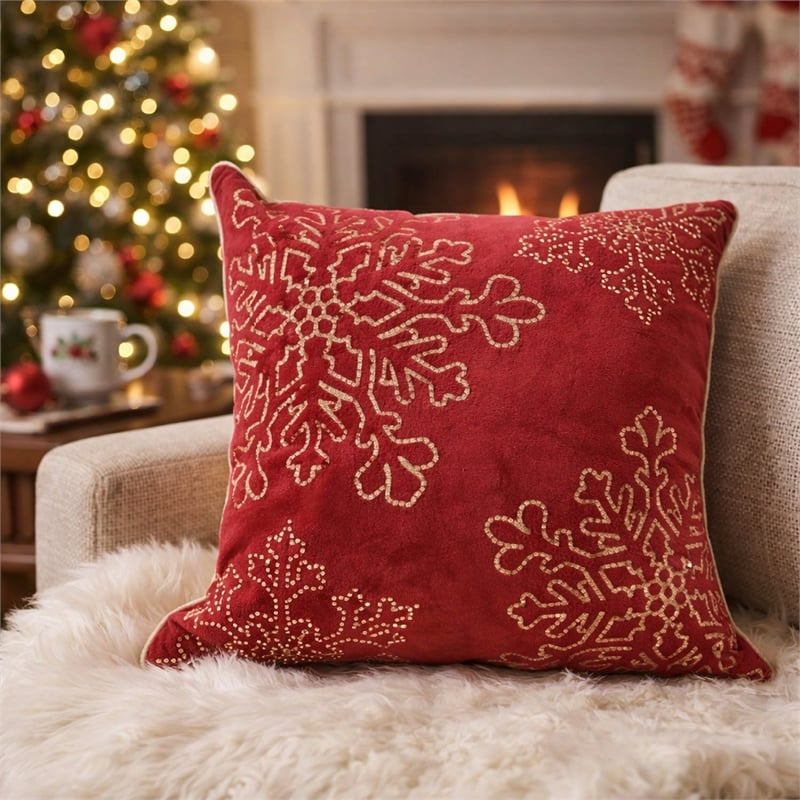 Rola Square Throw Pillow- Gold Snowflake Embroidery- Red Velvet 20 Inch