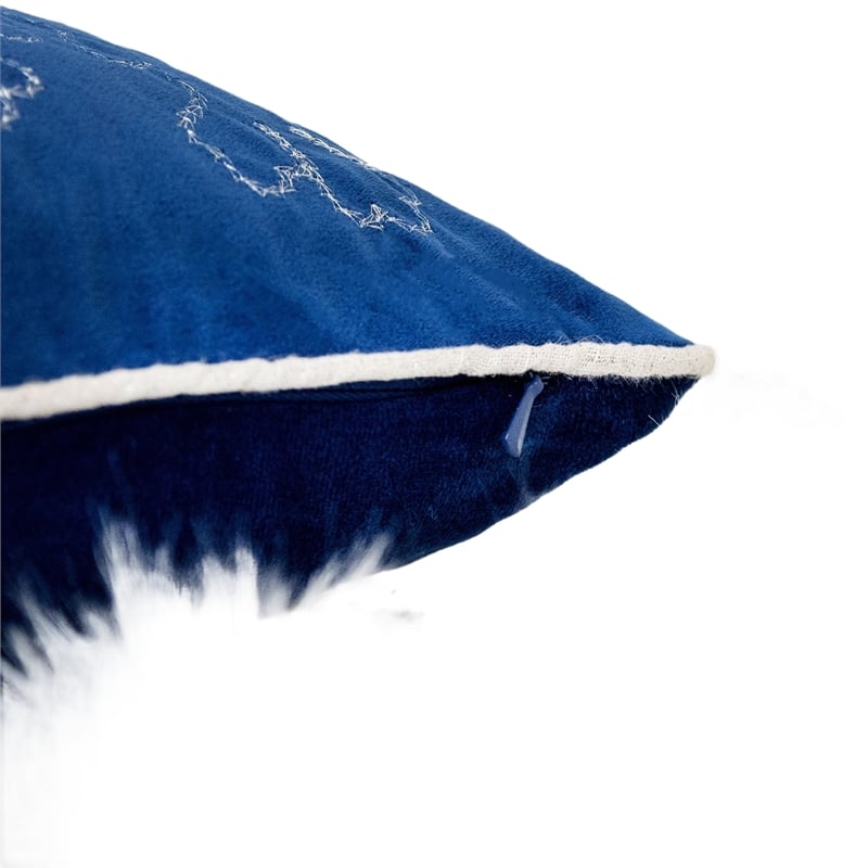 Rola Square Throw Pillow- Silver Snowflake Embroidery- Blue Velvet 20 Inch