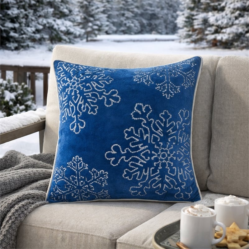 Rola Square Throw Pillow- Silver Snowflake Embroidery- Blue Velvet 20 Inch