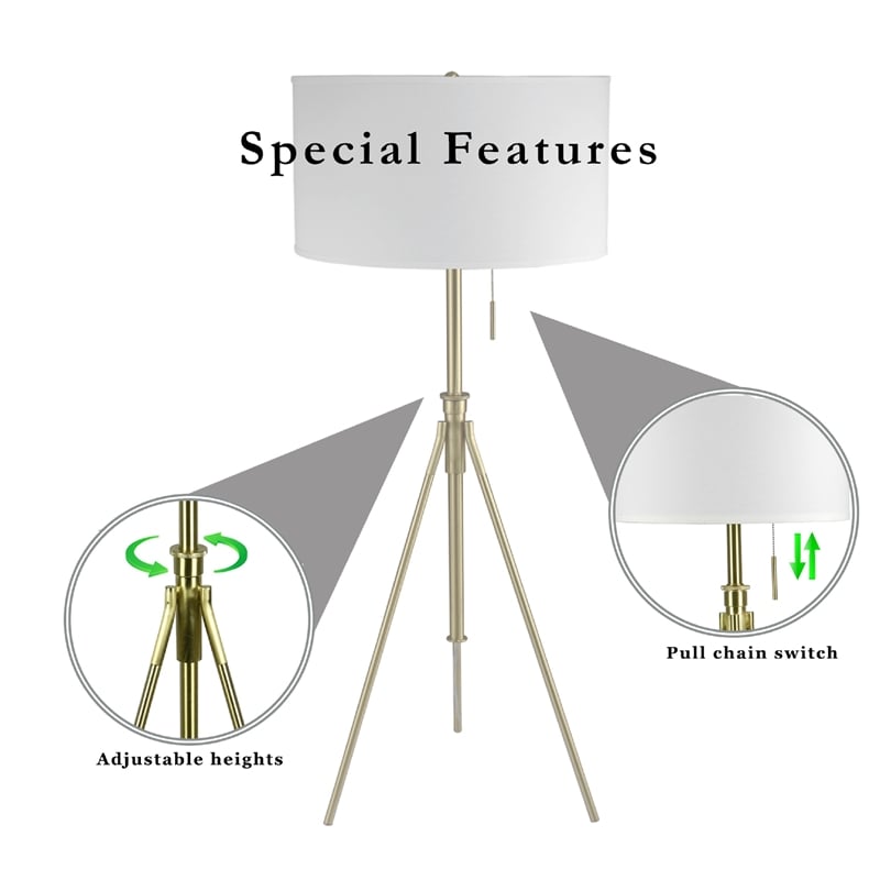 Simi Floor Lamp- Adjustable Tripod- White Linen Shade- Nickel Metal
