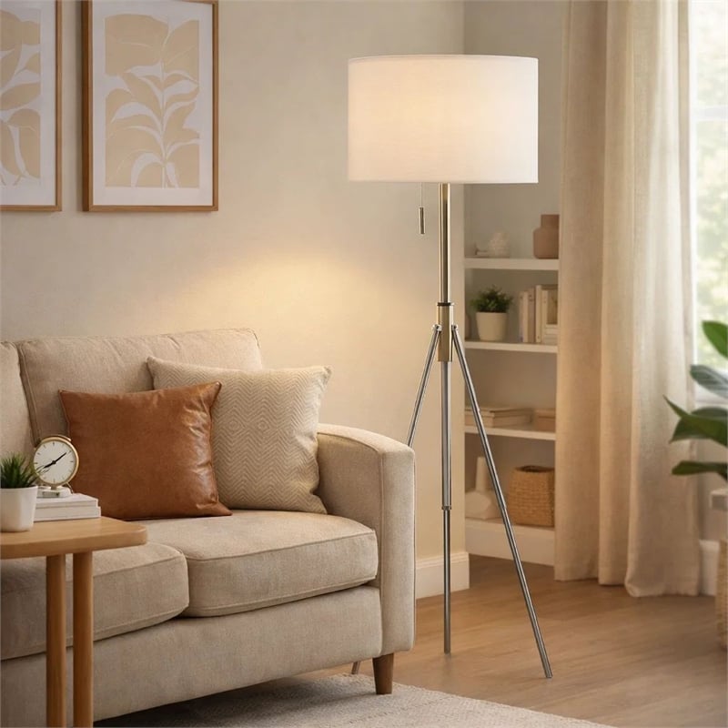 Simi Floor Lamp- Adjustable Tripod- White Linen Shade- Nickel Metal