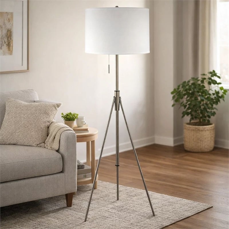 Simi Floor Lamp- Adjustable Tripod- White Linen Shade- Nickel Metal