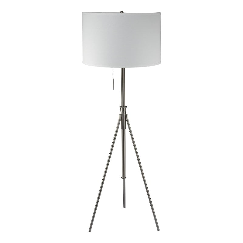 Simi Floor Lamp- Adjustable Tripod- White Linen Shade- Nickel Metal