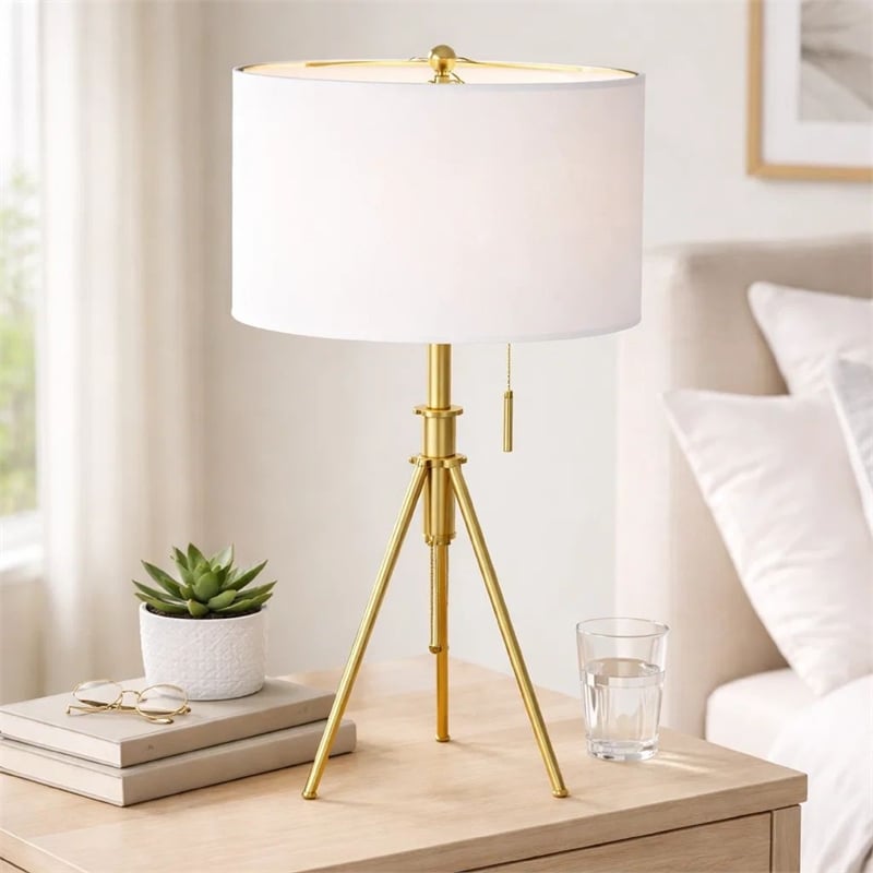 Simi Table Lamp- Adjustable Tripod- White Linen Shade- Gold Metal