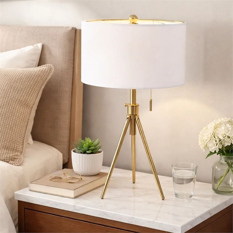 Simi Table Lamp- Adjustable Tripod- White Linen Shade- Gold Metal