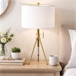 Simi Table Lamp- Adjustable Tripod- White Linen Shade- Gold Metal