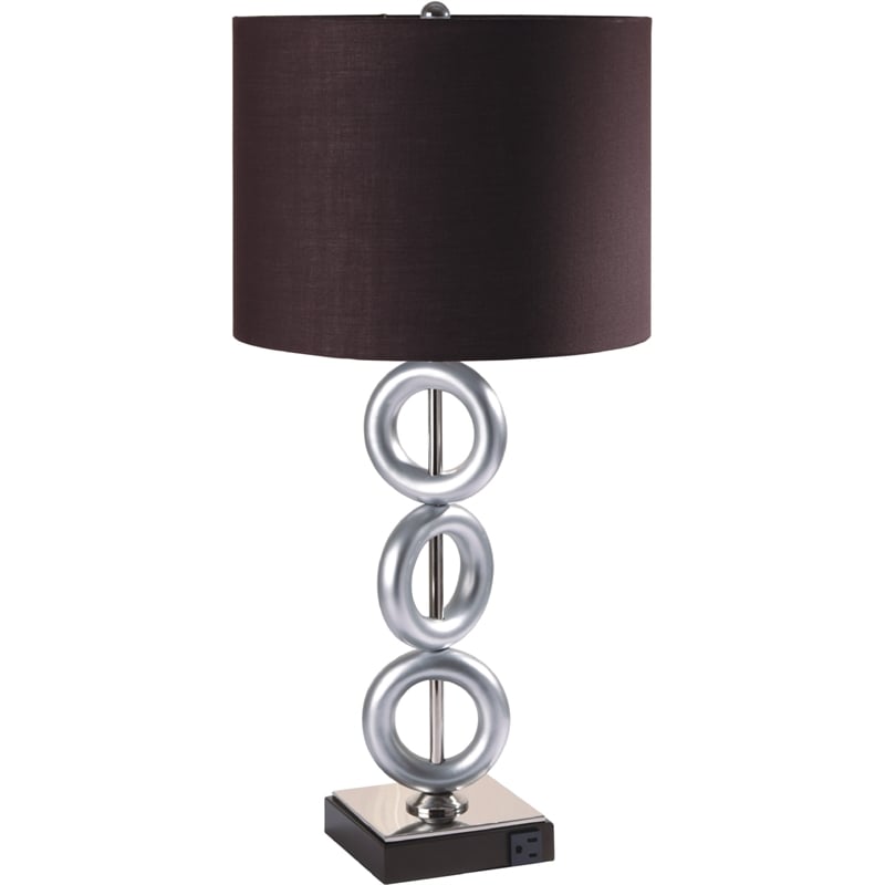 Table Lamp Set of 2- Brown Fabric Shades- 3 Ring Design- Silver Metal