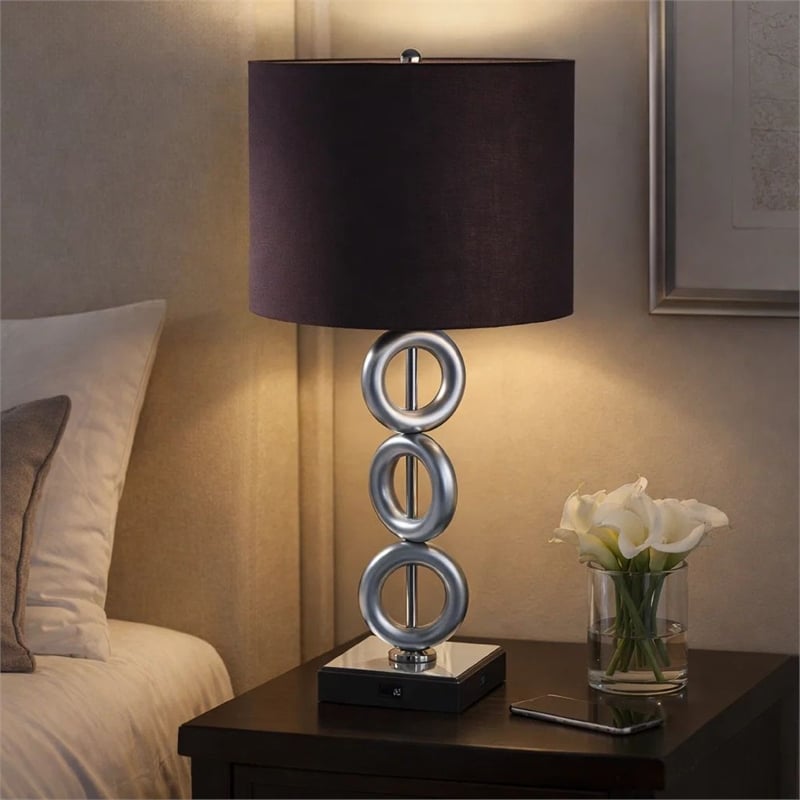 Table Lamp Set of 2- Brown Fabric Shades- 3 Ring Design- Silver Metal
