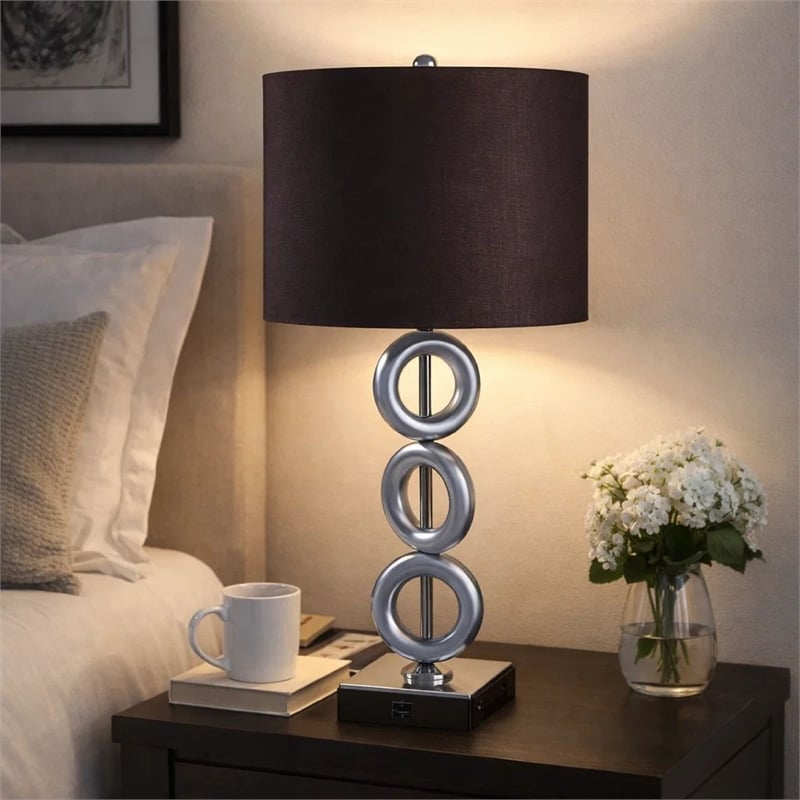 Table Lamp Set of 2- Brown Fabric Shades- 3 Ring Design- Silver Metal
