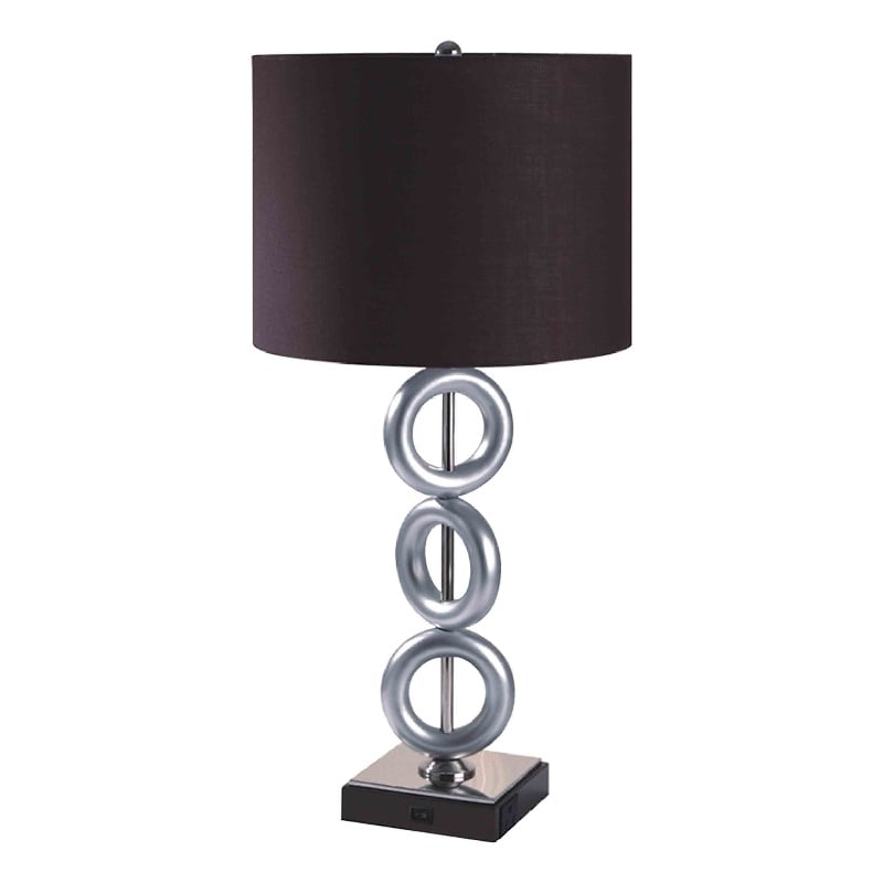 Table Lamp Set of 2- Brown Fabric Shades- 3 Ring Design- Silver Metal