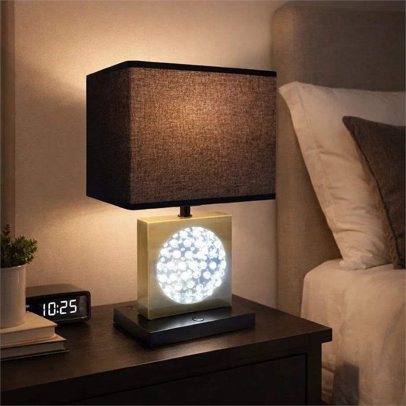 Table Lamp with Night Light- USB- Gold n Black Base with Crystal Accent
