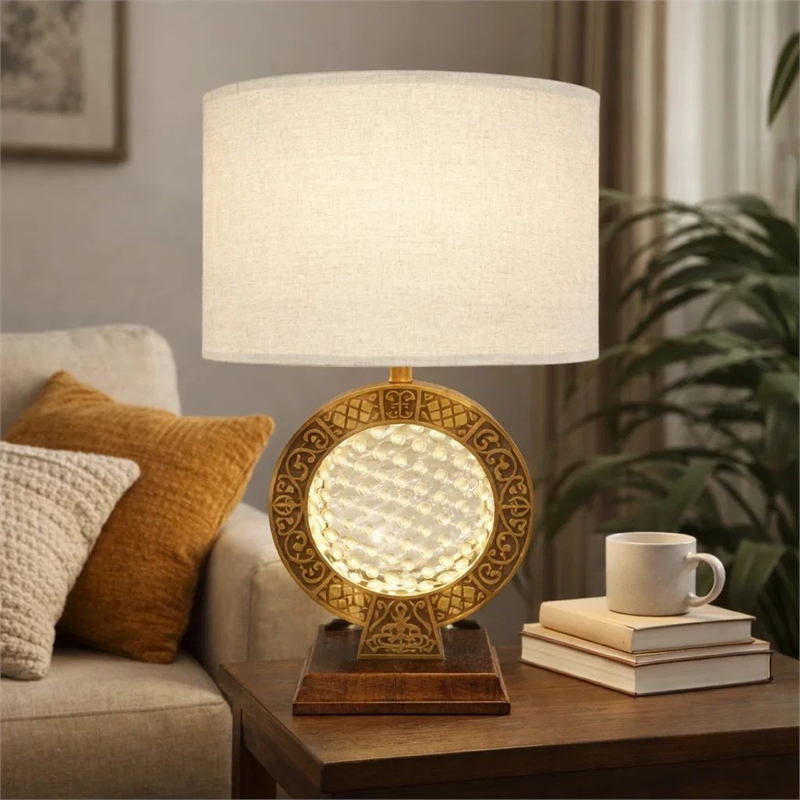 Table Lamp- Floating Crystal Core- White Shade- 28 Inch Antique Brown