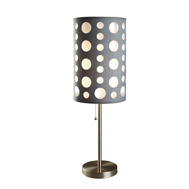 Table Lamp- Gray and White Dual Fabric Shade- Retro Cut Out Rings- 30 Inch