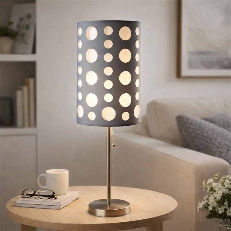 Table Lamp- Gray and White Dual Fabric Shade- Retro Cut Out Rings- 30 Inch