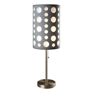 Table Lamp- Gray and White Dual Fabric Shade- Retro Cut Out Rings- 30 Inch