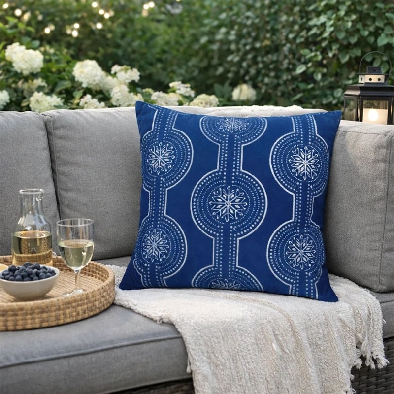 Zey Throw Pillow Cover- Snowflake Embroidered Blue Velvet- 20 Inch Square