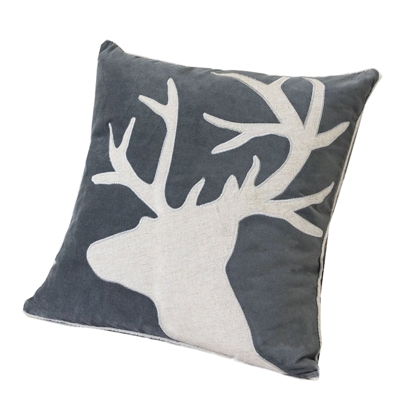 Lopa Square Throw Pillow- Holiday Reindeer Embroidery- Gray Velvet 20 Inch