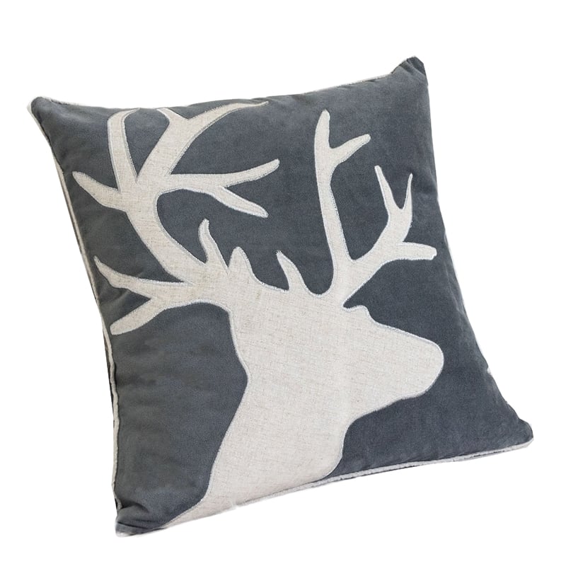 Lopa Square Throw Pillow- Holiday Reindeer Embroidery- Gray Velvet 20 Inch