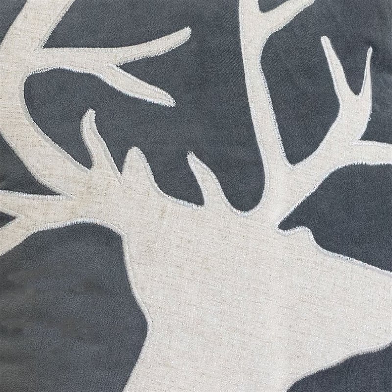 Lopa Square Throw Pillow- Holiday Reindeer Embroidery- Gray Velvet 20 Inch