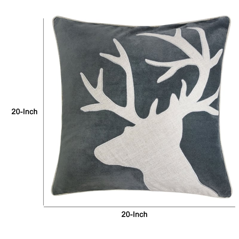 Lopa Square Throw Pillow- Holiday Reindeer Embroidery- Gray Velvet 20 Inch