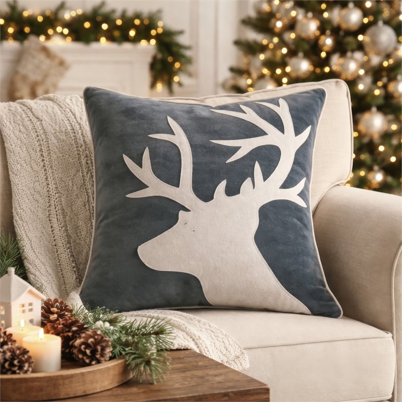 Lopa Square Throw Pillow- Holiday Reindeer Embroidery- Gray Velvet 20 Inch