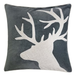 Lopa Square Throw Pillow- Holiday Reindeer Embroidery- Gray Velvet 20 Inch