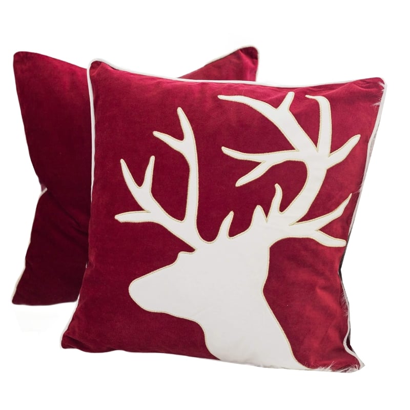 Lopa Square Throw Pillow- Holiday Reindeer Embroidery- Red Velvet 20 Inch