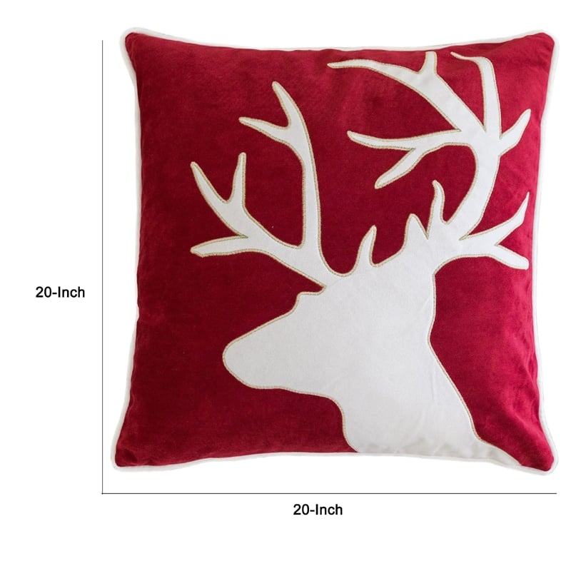 Lopa Square Throw Pillow- Holiday Reindeer Embroidery- Red Velvet 20 Inch