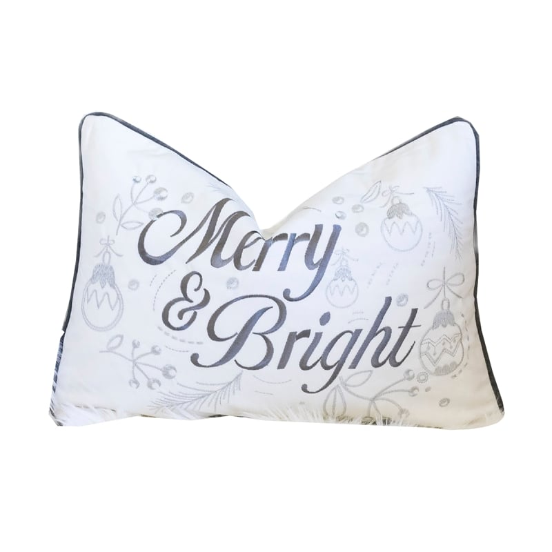 Lumbar Pillow- Merry and Bright Script- Embroidered White Velvet- 14x20