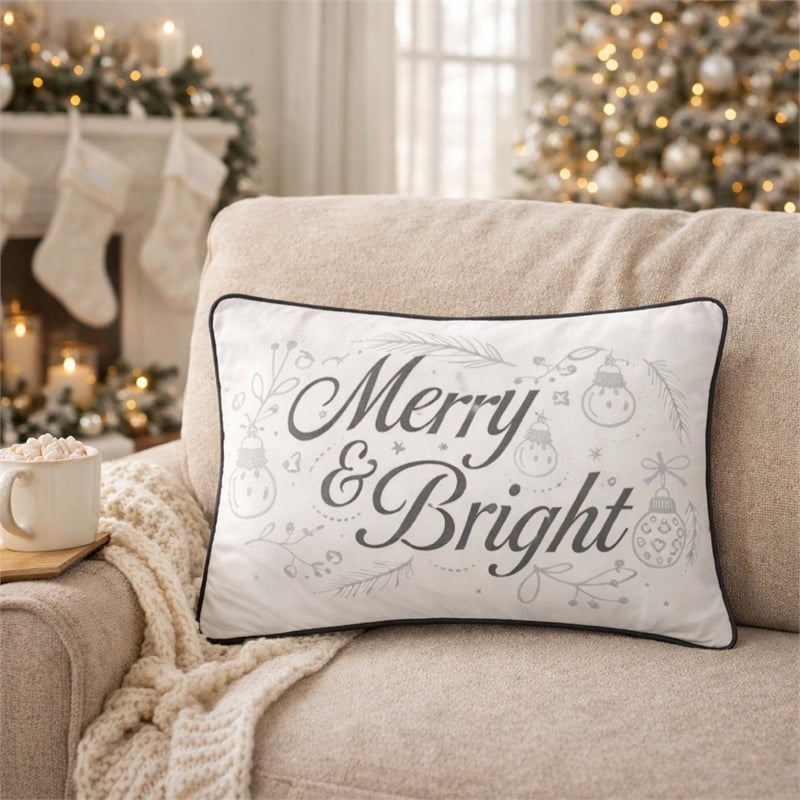 Lumbar Pillow- Merry and Bright Script- Embroidered White Velvet- 14x20