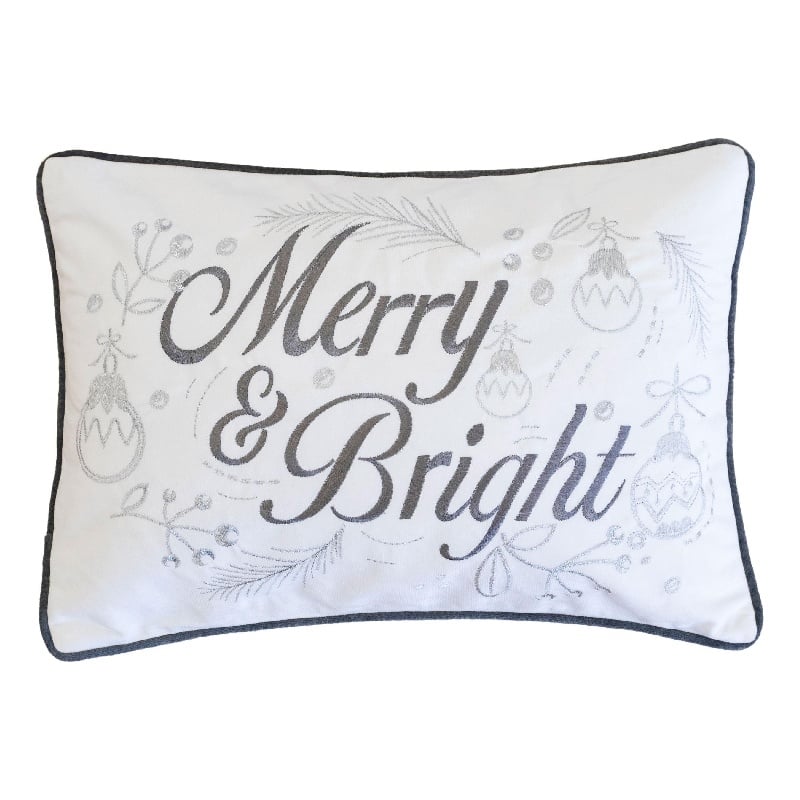 Lumbar Pillow- Merry and Bright Script- Embroidered White Velvet- 14x20