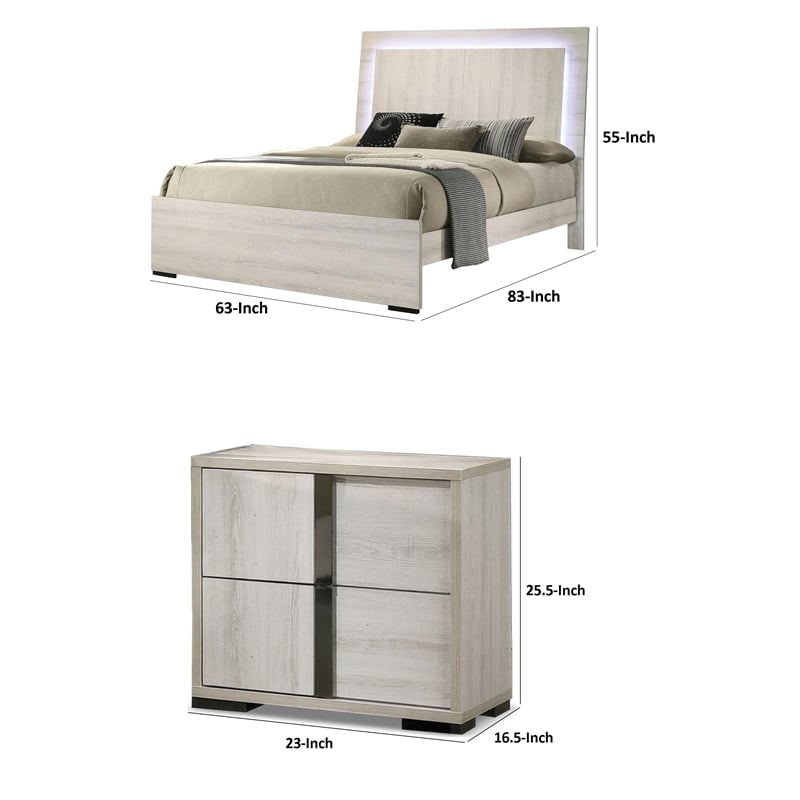Queen Bedroom Set- White Wash- Chrome- 3 Piece Set with 2 Nightstands