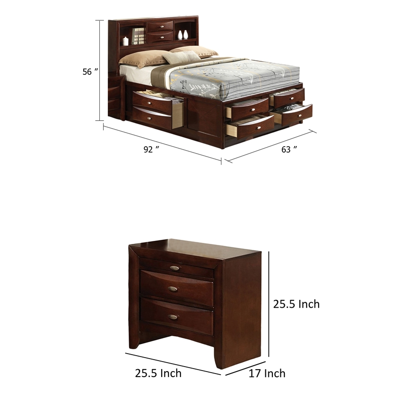 Queen Bedroom Set- Cherry Brown- Nickel Wood- 2 Piece Set with Nightstand