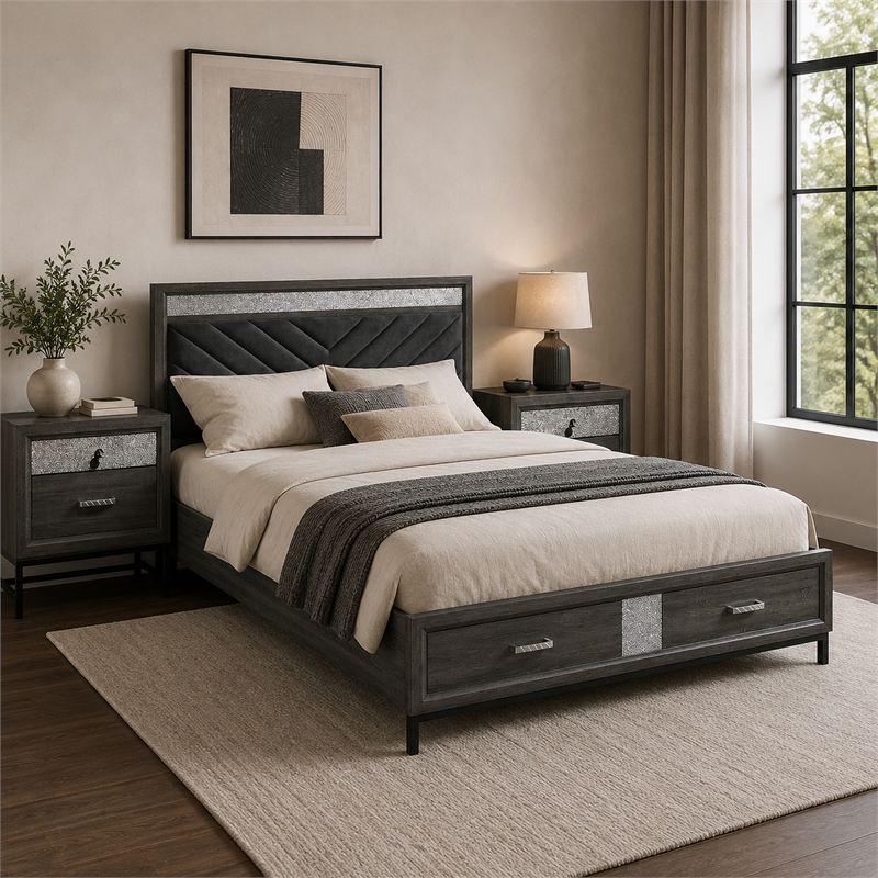Queen Bedroom Set- Gray- Silver- Black Wood- 3 Piece Set with 2 Nightstands