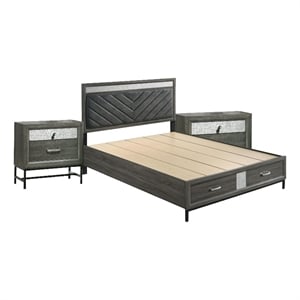Queen Bedroom Set- Gray- Silver- Black Wood- 3 Piece Set with 2 Nightstands