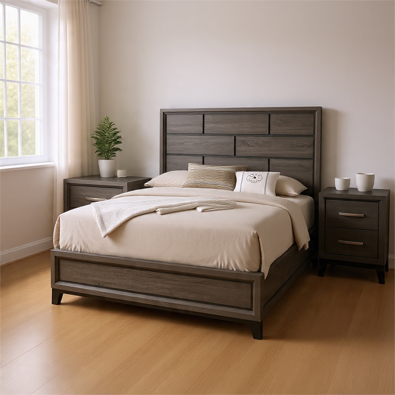 Queen Bedroom Set- Gray- Black Wood- 2 Piece Set with Nightstand