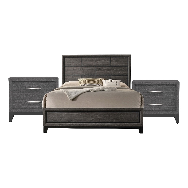 Queen Bedroom Set- Gray- Black Wood- 3 Piece Set with 2 Nightstands