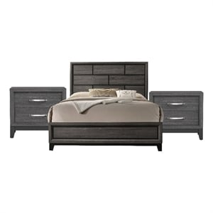 Queen Bedroom Set- Gray- Black Wood- 3 Piece Set with 2 Nightstands